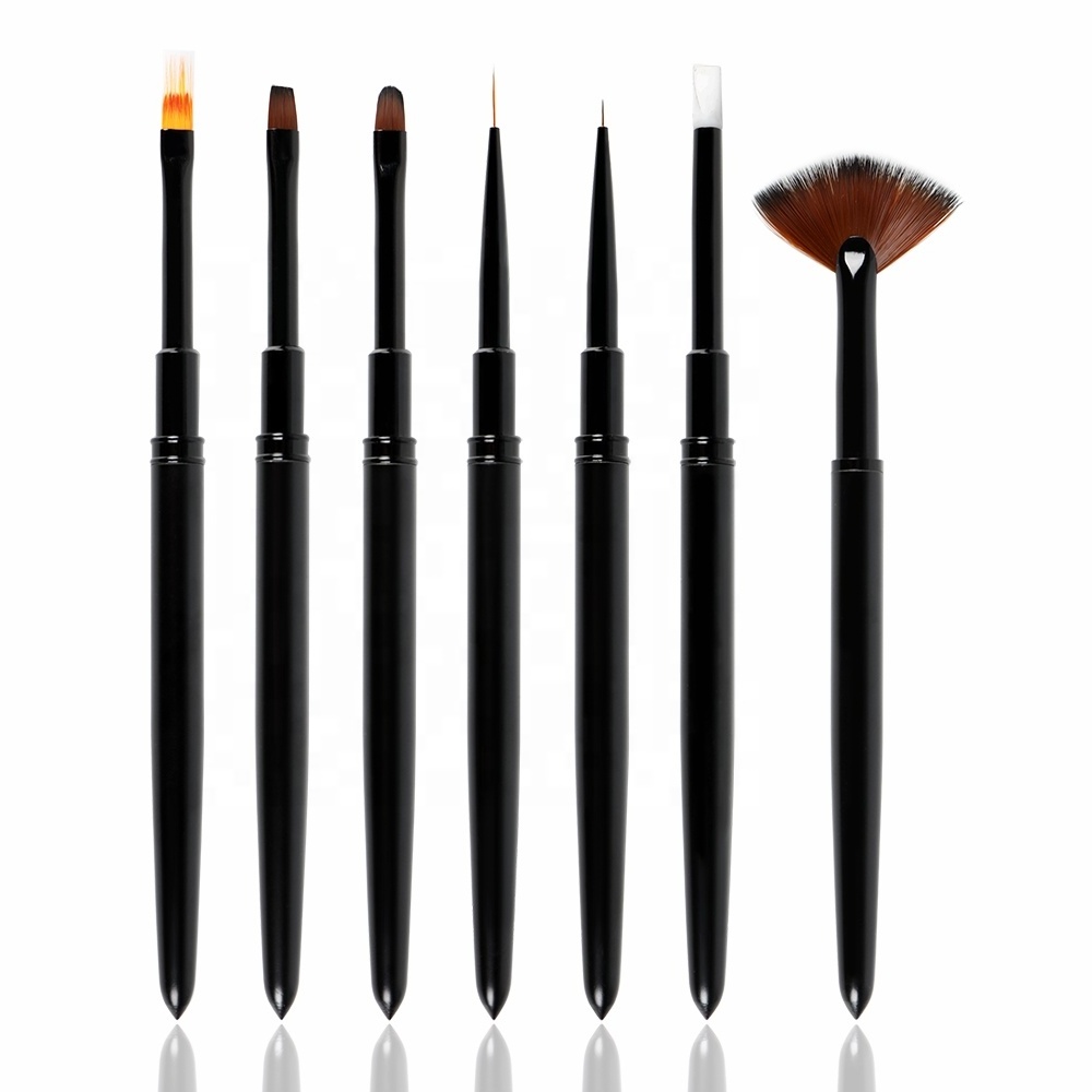 Custom label matt black metal handle kolinsky nail art gel liner silicone brush set with wax dotting pen