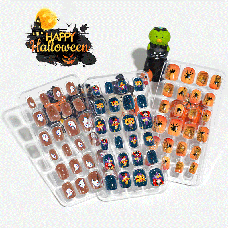 24pcs halloween Full Cover Wearable Press  Long Nails Art Free Sticker Tip Wearing Tools False Manicure