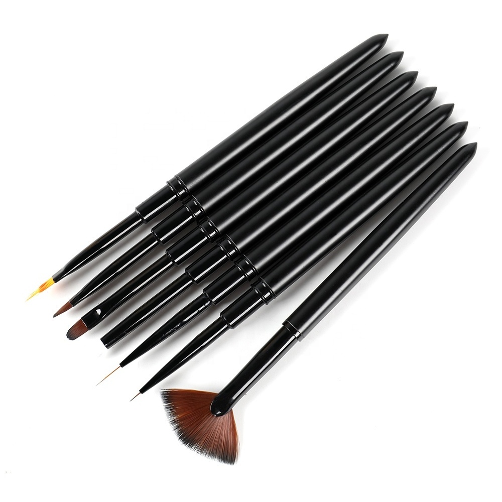 Custom label matt black metal handle kolinsky nail art gel liner silicone brush set with wax dotting pen