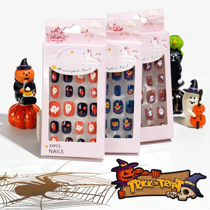 24pcs halloween Full Cover Wearable Press  Long Nails Art Free Sticker Tip Wearing Tools False Manicure