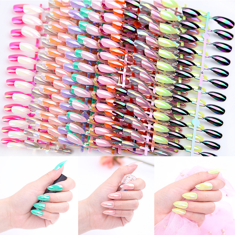 24pcs press on nail almond shape glossy colored holography artificial finger nails tips