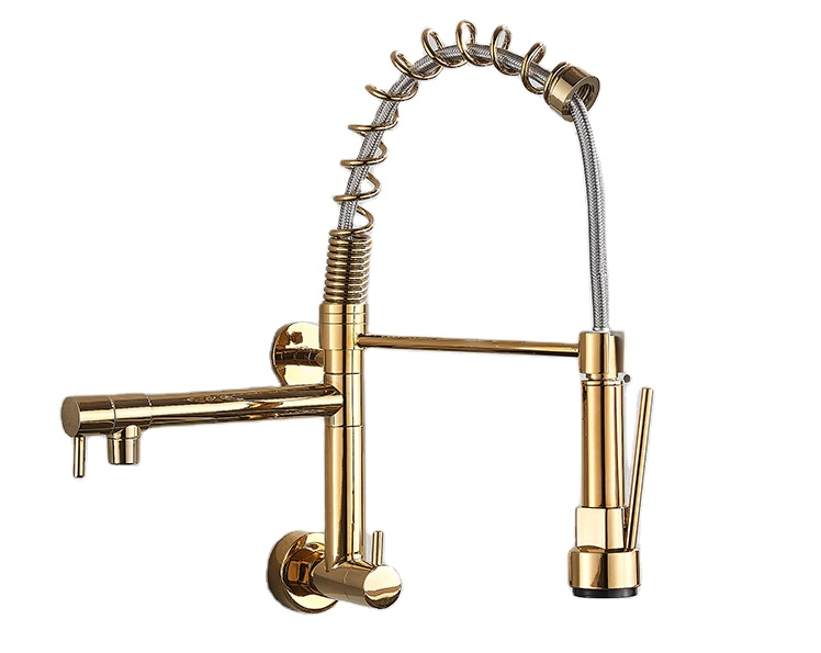 Wall-Mounted Pull-Down Hanging Single Cold Double Spring Brass Kitchen Faucet