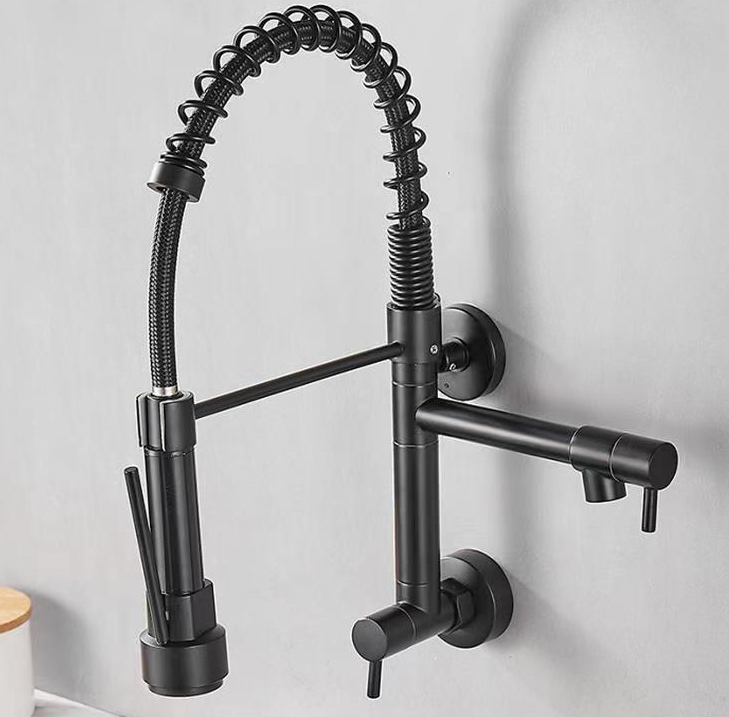 Wall-Mounted Pull-Down Hanging Single Cold Double Spring Brass Kitchen Faucet