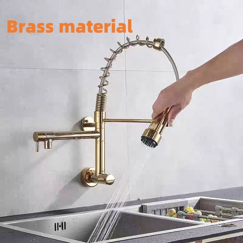 Wall-Mounted Pull-Down Hanging Single Cold Double Spring Brass Kitchen Faucet