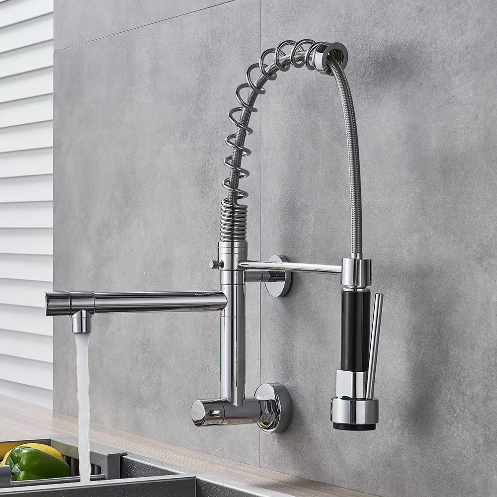 Wall-Mounted Pull-Down Hanging Single Cold Double Spring Brass Kitchen Faucet