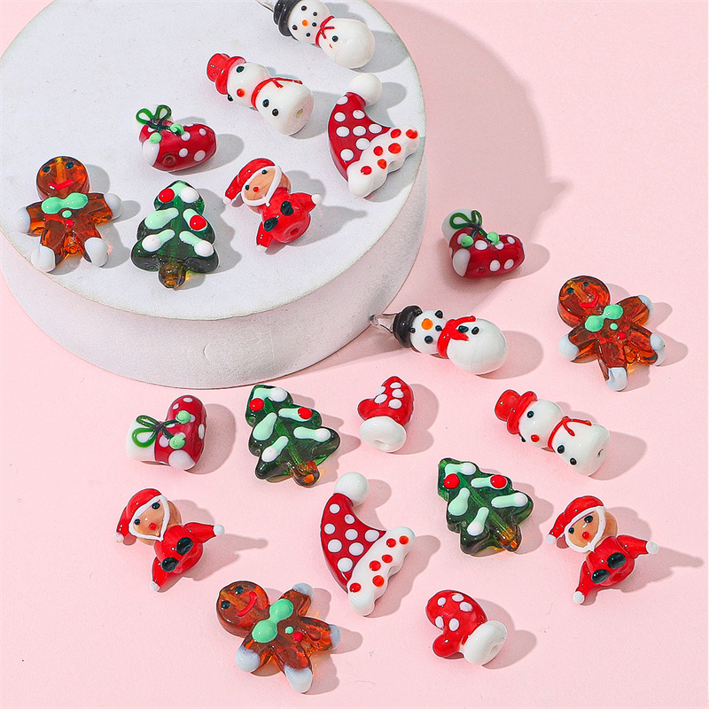 Hand Painted Glass Fun Cartoon Beads Christmas Tree Santa Claus Christmas hat Christmas Socks Glass Beads For Jewelry Making