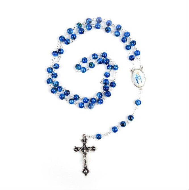 Catholic Rosary Small Size Round Blue Glass Beads Virgin Mary Jesus Cross Necklace Women