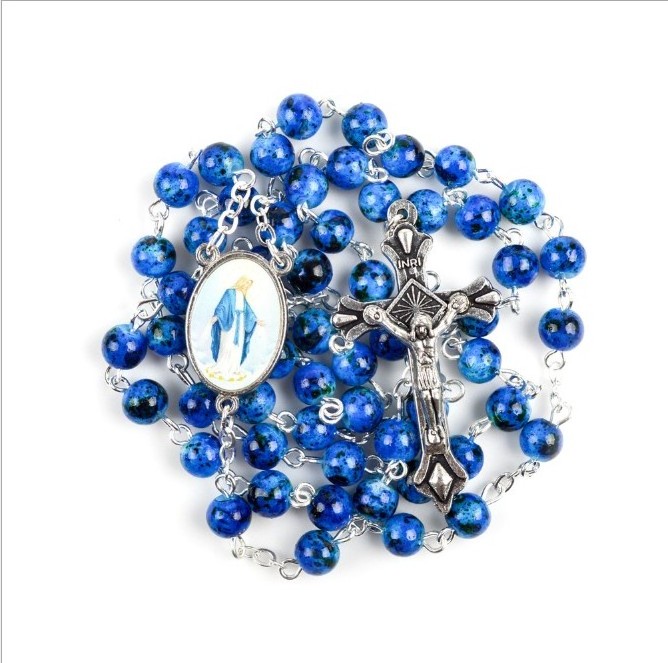 Catholic Rosary Small Size Round Blue Glass Beads Virgin Mary Jesus Cross Necklace Women