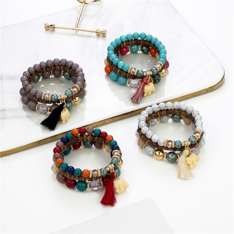 Boho Ethnic Style Multilayer Stackable Wooden Beaded Tassel Bracelet White Elephant Charm Stretch Bracelet Set Women