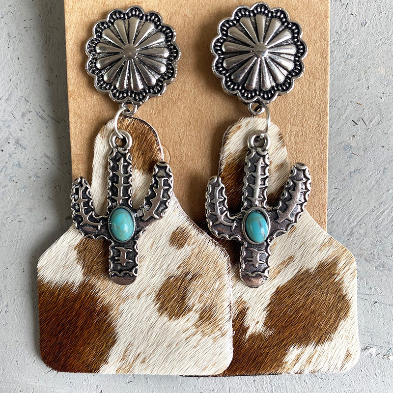 Vintage Silver Flower Turquoise Cactus Earrings Genuine Leather Earrings for Women Western Jewelry