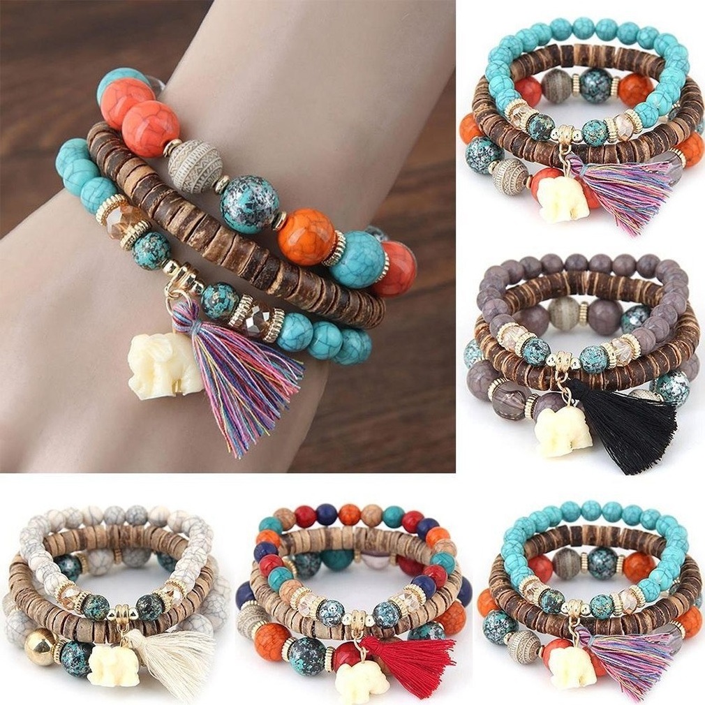 Boho Ethnic Style Multilayer Stackable Wooden Beaded Tassel Bracelet White Elephant Charm Stretch Bracelet Set Women