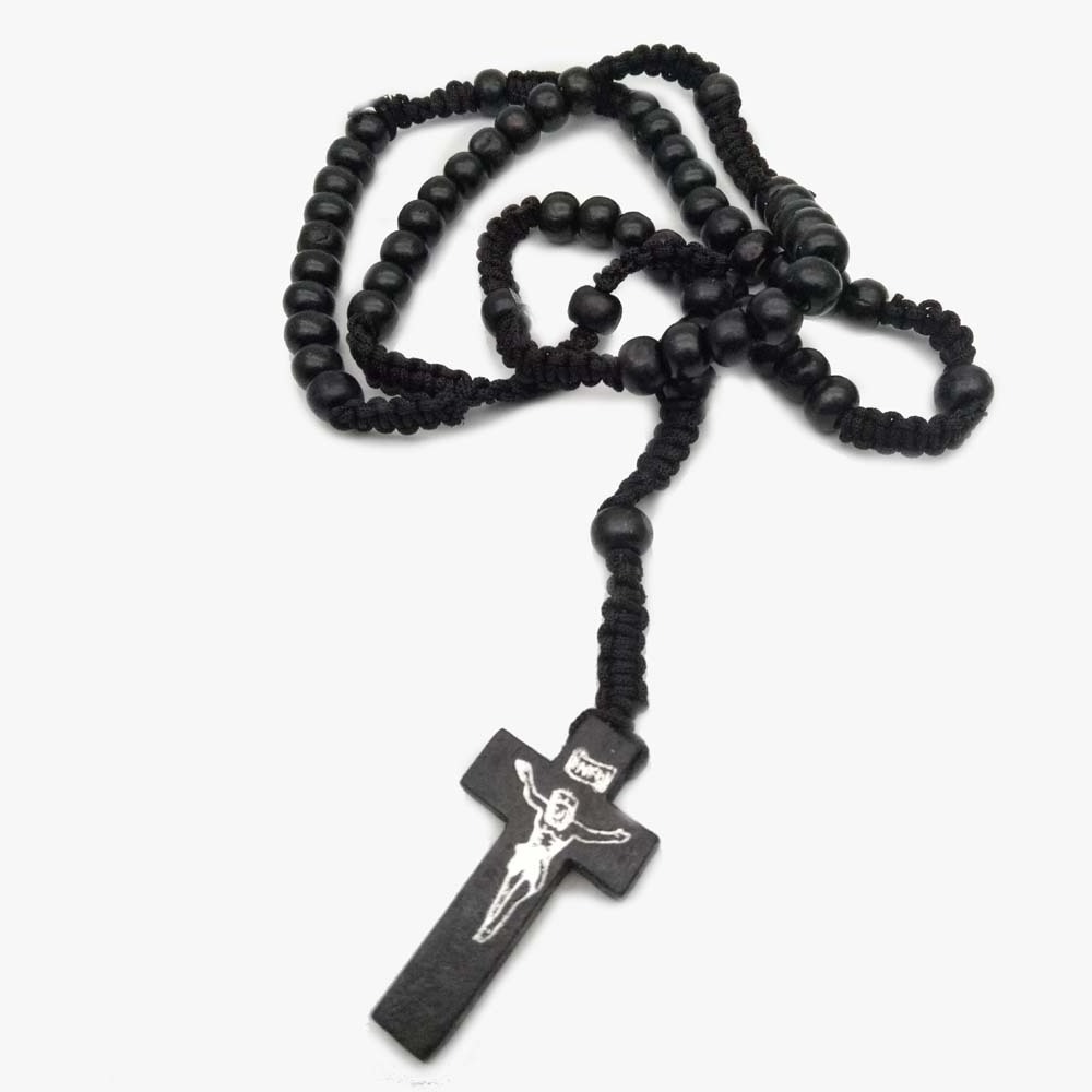 Catholic rosary beads necklace Wood Beads Handmade Cross Necklace