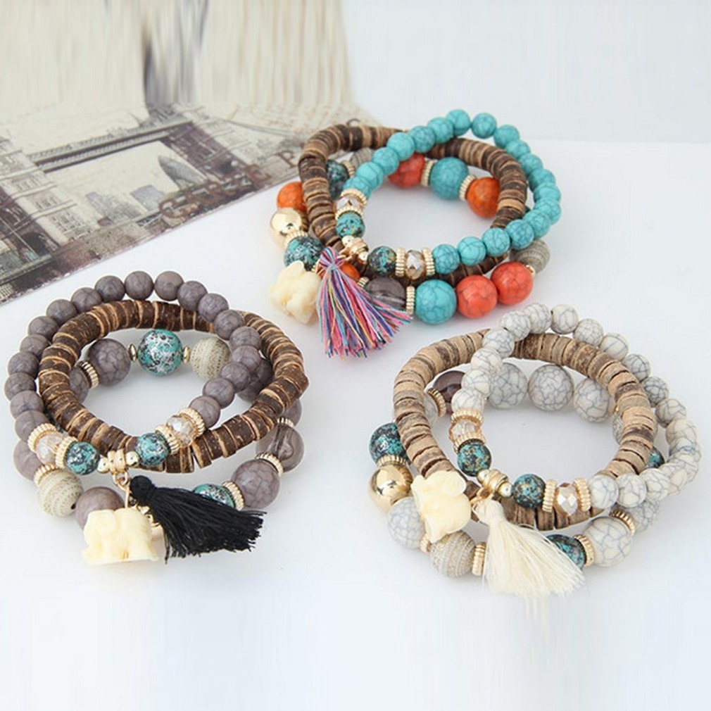 Boho Ethnic Style Multilayer Stackable Wooden Beaded Tassel Bracelet White Elephant Charm Stretch Bracelet Set Women