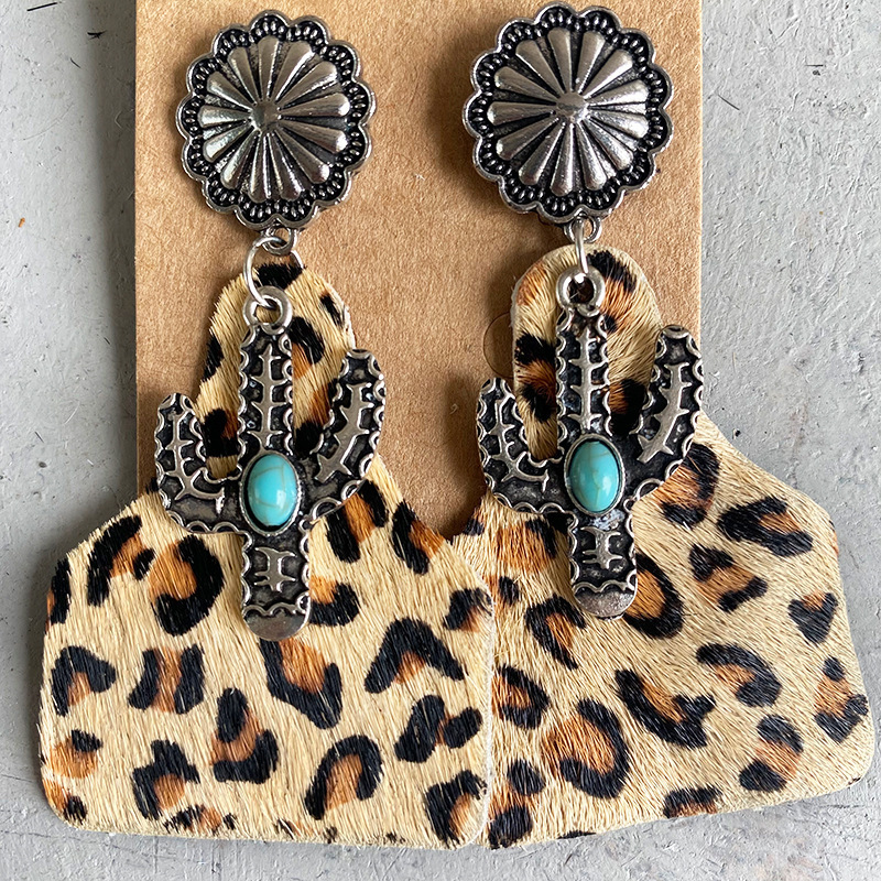 Vintage Silver Flower Turquoise Cactus Earrings Genuine Leather Earrings for Women Western Jewelry