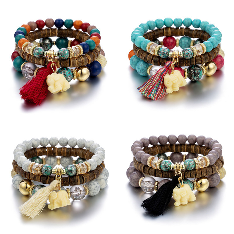 Boho Ethnic Style Multilayer Stackable Wooden Beaded Tassel Bracelet White Elephant Charm Stretch Bracelet Set Women