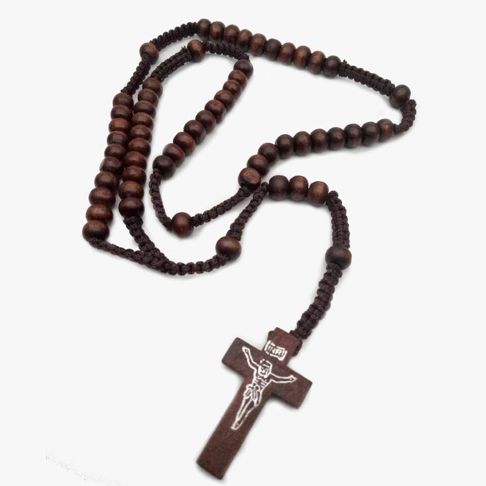 Catholic rosary beads necklace Wood Beads Handmade Cross Necklace