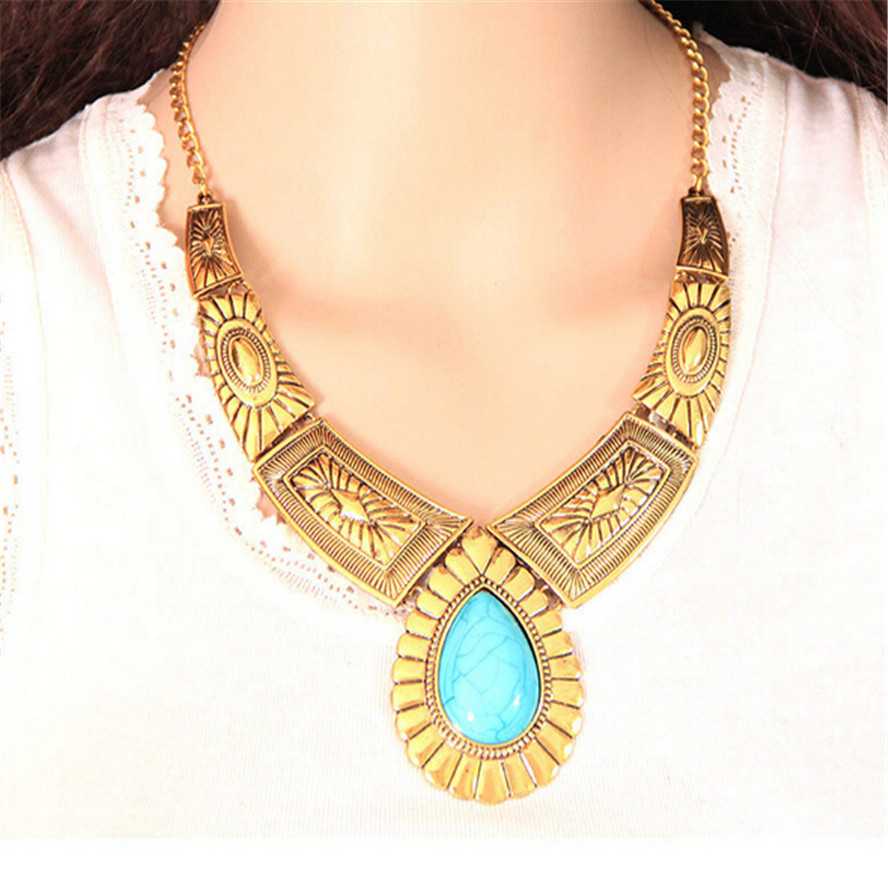 Boho Exaggerated Metal Waterdrop Turquoise Choker Bib Necklace African Jewelry