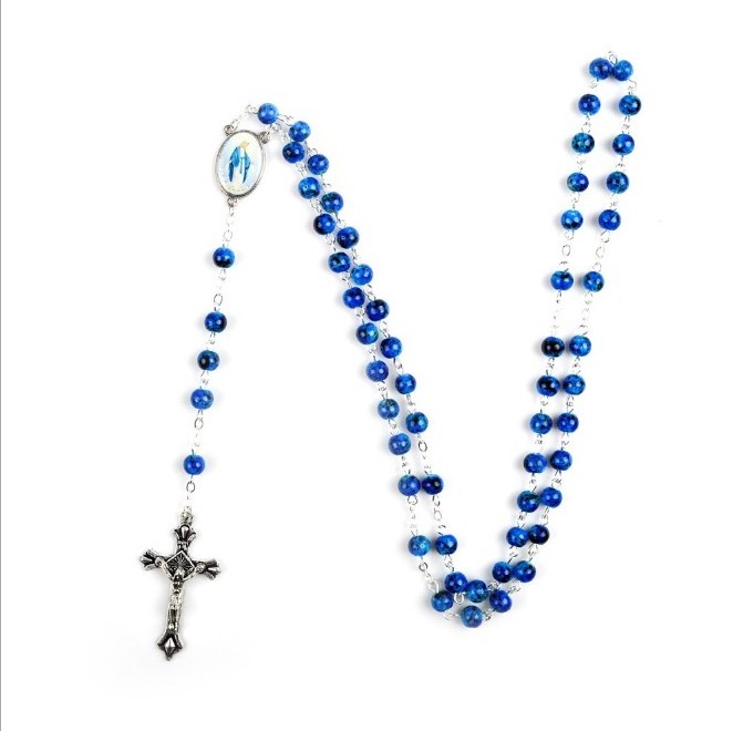 Catholic Rosary Small Size Round Blue Glass Beads Virgin Mary Jesus Cross Necklace Women