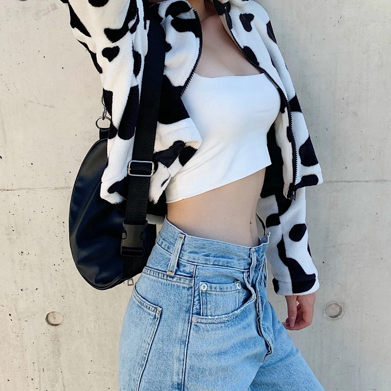 Cow Print Winter Jacket Women Shaggy Zipper Cropped Jackets Coats Fleece Women's Jackets & Coats