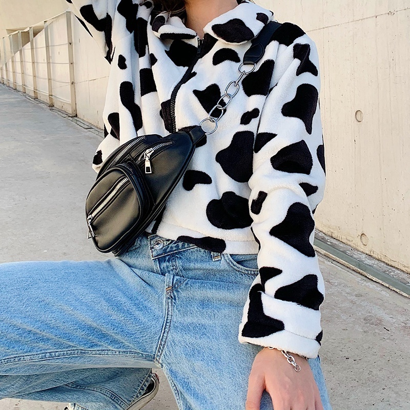 Cow Print Winter Jacket Women Shaggy Zipper Cropped Jackets Coats Fleece Women's Jackets & Coats