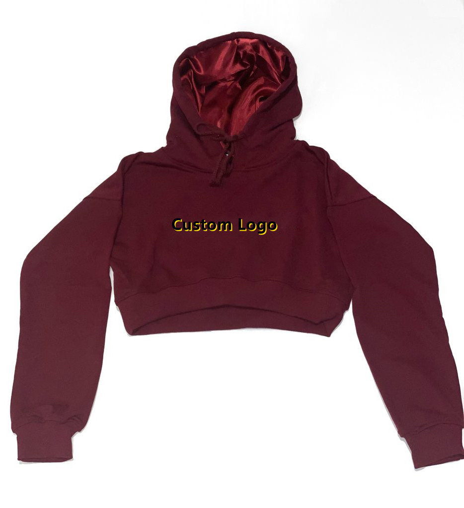 2022 Streetwear Fashion Logo Custom Crop Top Hoodie Silk Satin Lined Hood Hoodies Women Printed Knitted 100% Cotton Spring