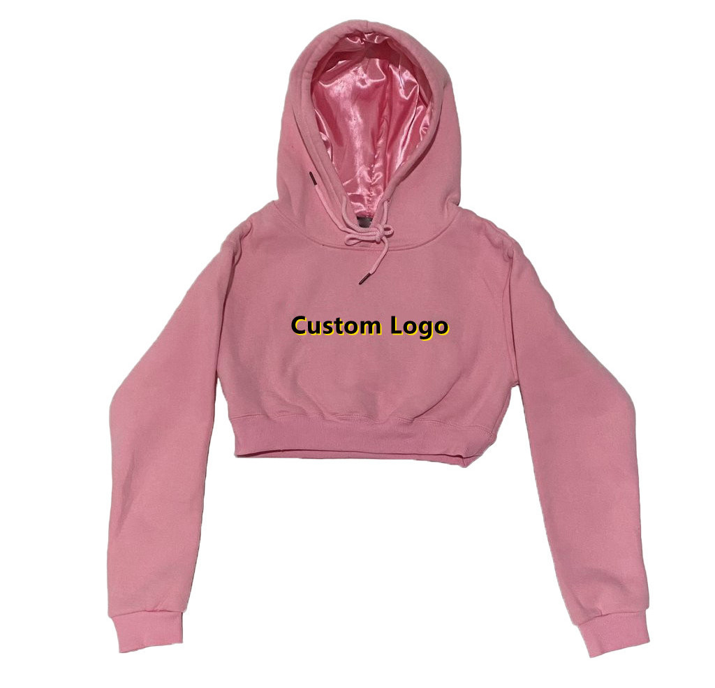 2022 Streetwear Fashion Logo Custom Crop Top Hoodie Silk Satin Lined Hood Hoodies Women Printed Knitted 100% Cotton Spring