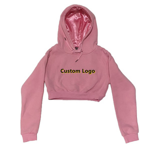 2022 Streetwear Fashion Logo Custom Crop Top Hoodie Silk Satin Lined Hood Hoodies Women Printed Knitted 100% Cotton Spring