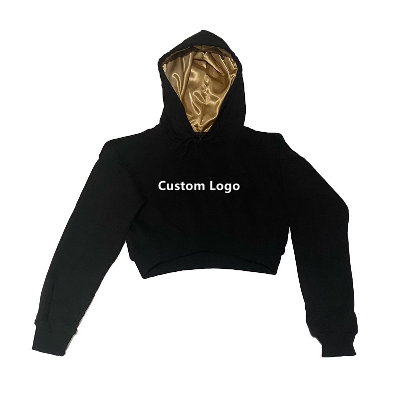 2022 Streetwear Fashion Logo Custom Crop Top Hoodie Silk Satin Lined Hood Hoodies Women Printed Knitted 100% Cotton Spring