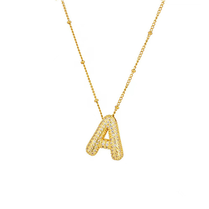 Stainless Steel Name Alphabet Necklace Ice Out Initial A~Z Cubic Zirconia Bubble Letter Charm Pendant Necklace