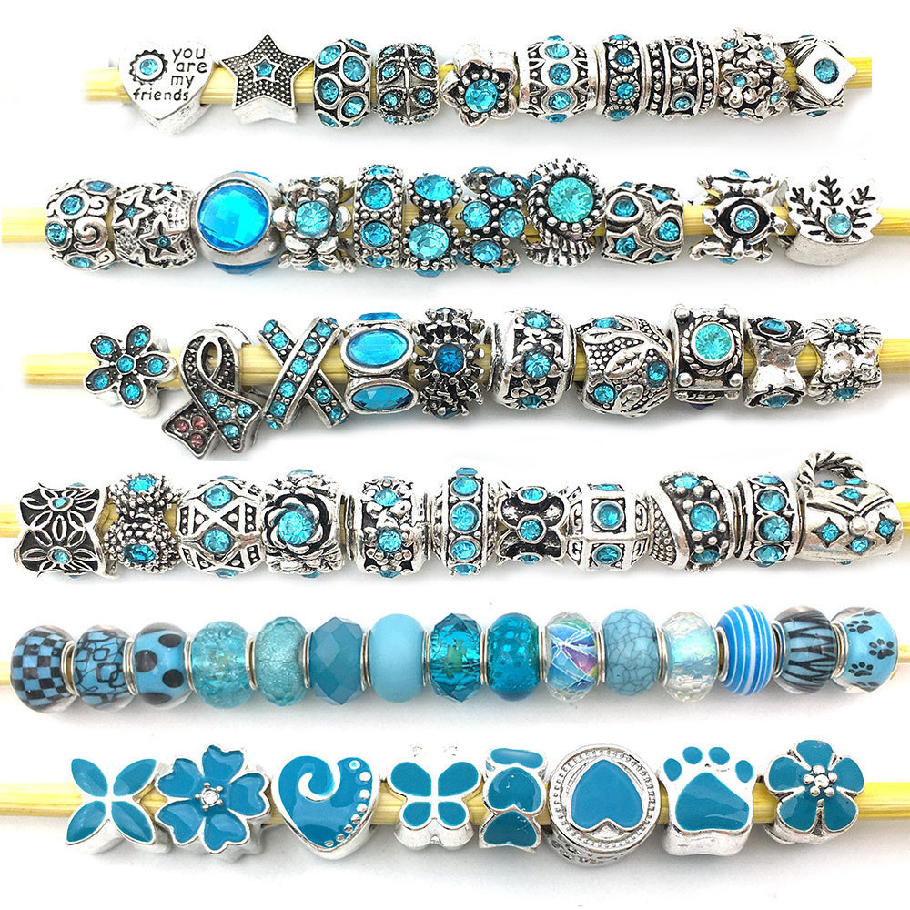 Assorted Antique Silver Rhinestone Lampwork Charms Beads Large Hole Spacer Beads for Bracelet Necklace