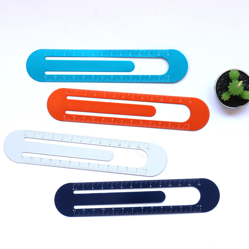 Multi-function custom logo promotional bookmarks U shape aluminium metal ruler paper clip bookmarks