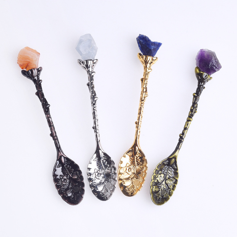 Retro Crystal Antique Alloy Spoon Natural Stone Amethyst Cluster Tea spoon Stirring Energy Crystal Teaspoon Coffee Spoon