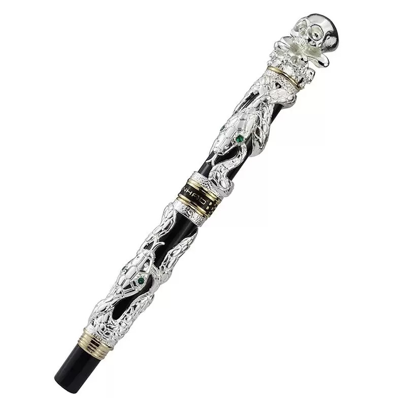 Jinhao Special Men Easter Gifts Sculpture Emboss Totem Antique Retro Solid Metal Black Snake Skull Head Fountain Pen Fine Nib