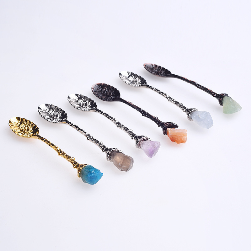 Retro Crystal Antique Alloy Spoon Natural Stone Amethyst Cluster Tea spoon Stirring Energy Crystal Teaspoon Coffee Spoon