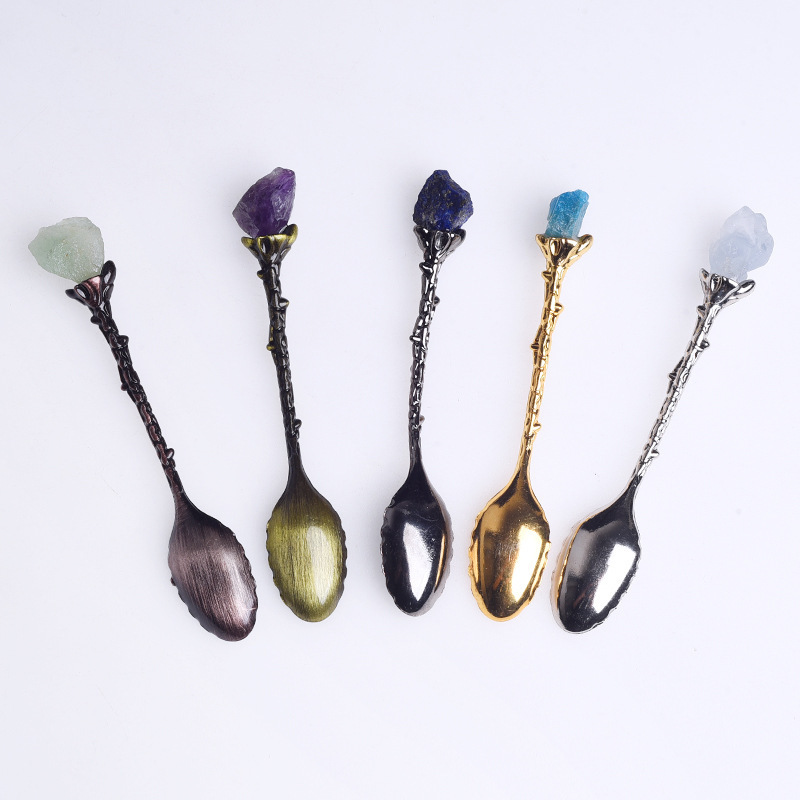 Retro Crystal Antique Alloy Spoon Natural Stone Amethyst Cluster Tea spoon Stirring Energy Crystal Teaspoon Coffee Spoon