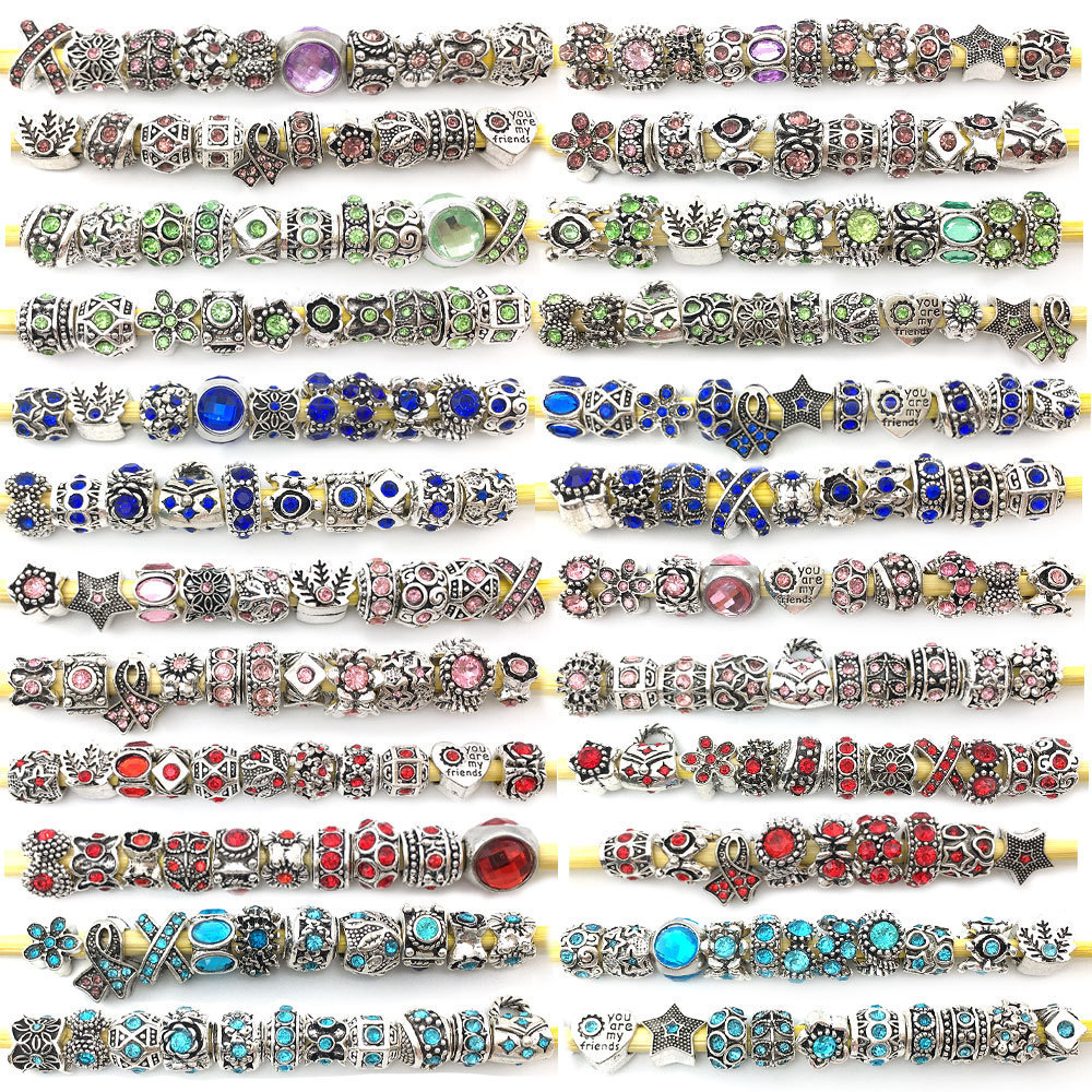 Assorted Antique Silver Rhinestone Lampwork Charms Beads Large Hole Spacer Beads for Bracelet Necklace