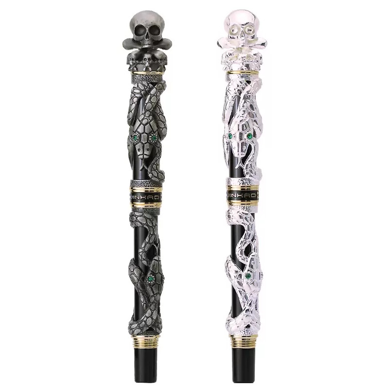 Jinhao Special Men Easter Gifts Sculpture Emboss Totem Antique Retro Solid Metal Black Snake Skull Head Fountain Pen Fine Nib