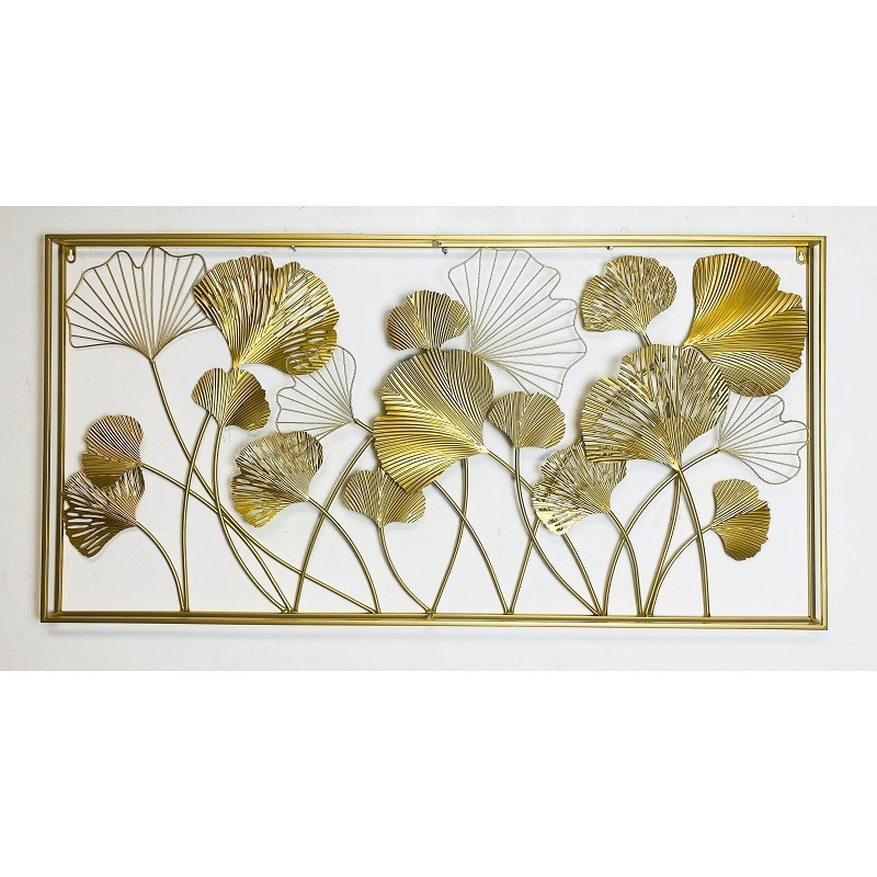 Luxury Big Size Rectangle Gold Wrought Iron Wall Decoration Iron Art Ginkgo Leaves Display Art Hanging on Wall