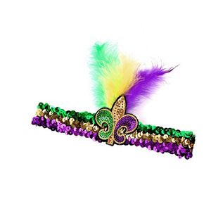 Mardi Gras Throws Feather Sequin Headband Fleur De Lis