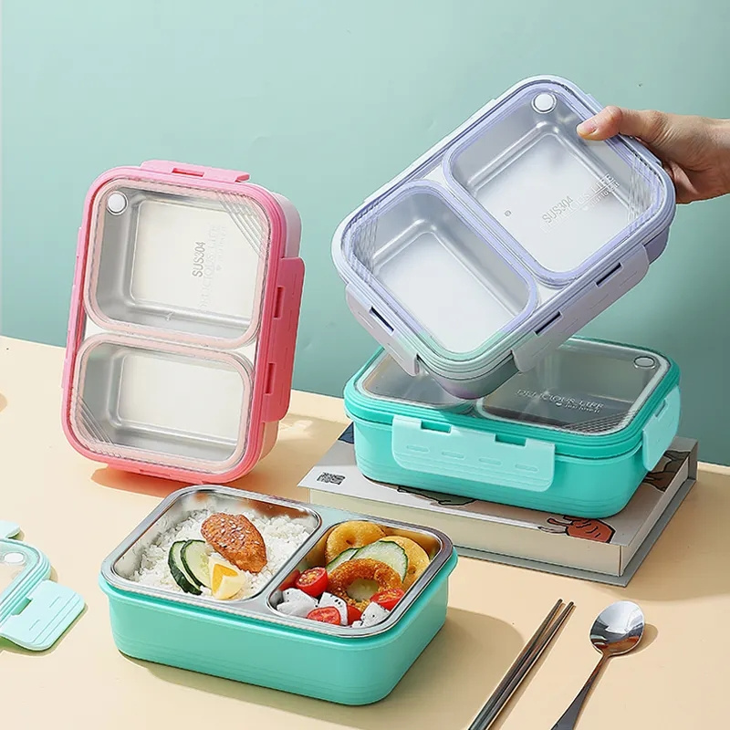 Amazon hot sale leak proof 2 compartments 304 stainless steel food container with cutlery and locks lunch box for students