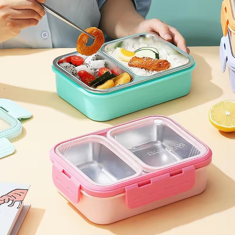 Amazon hot sale leak proof 2 compartments 304 stainless steel food container with cutlery and locks lunch box for students