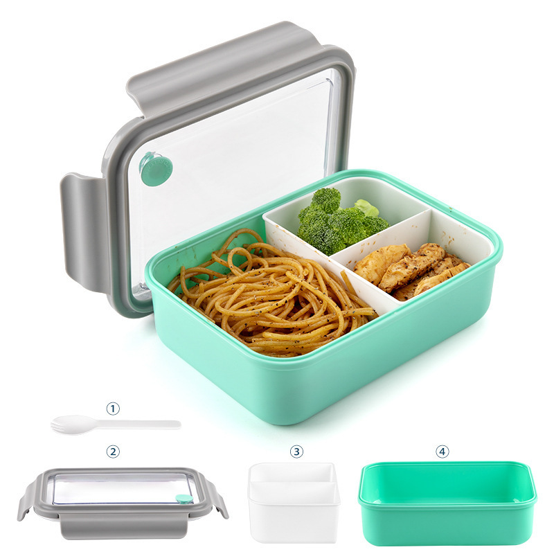 plastic lunch box with divided inner box and spoon BPA free bento box with clear lid and locks 1.25L