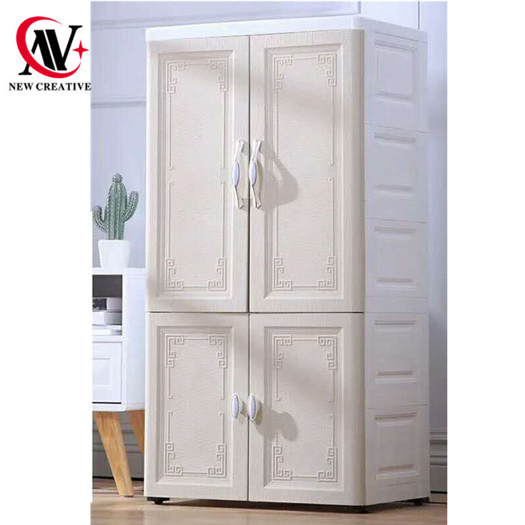 double layer sides opening door plastic wardrobe with hanging and plastic board 6 tries storage drawer organizer