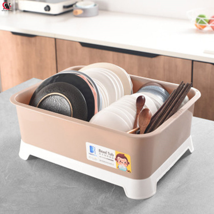 plastic rectangle kitchen holder with strainer tableware box with cover