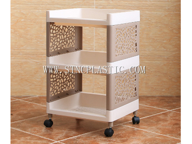 movable 3 layer plastic storage rack with wheels rectangle corner shelf