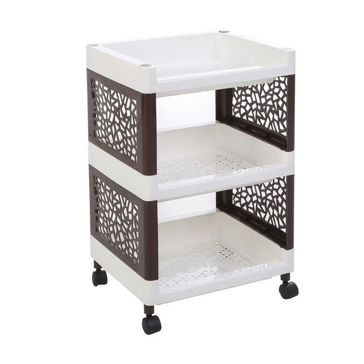 movable 3 layer plastic storage rack with wheels rectangle corner shelf