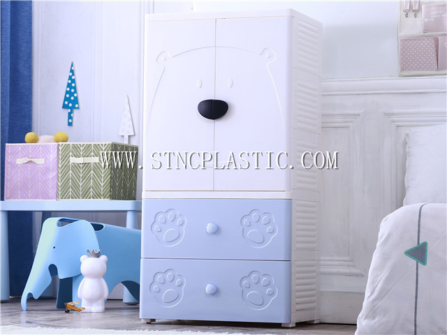 cartoon baby plastic clothes wardrobe with 2 open door 3 layer drawer