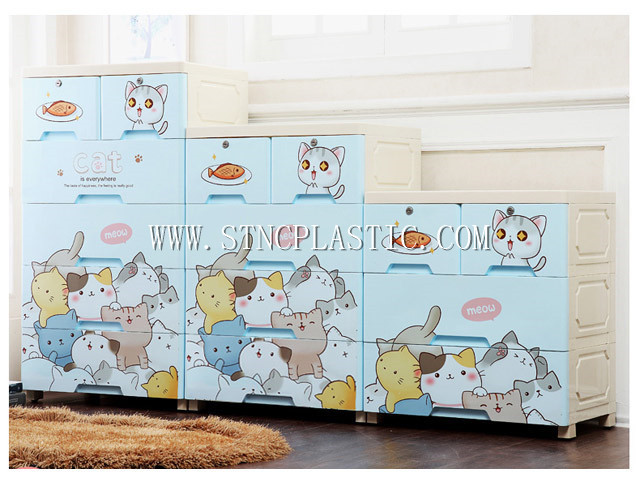 60cm cartoon cat plastic clothes wardrobe 5 layer storage drawer with two locks