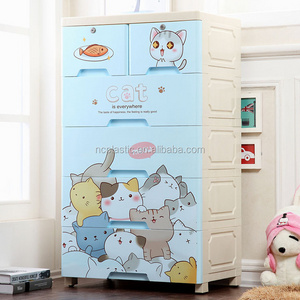 60cm cartoon cat plastic clothes wardrobe 5 layer storage drawer with two locks