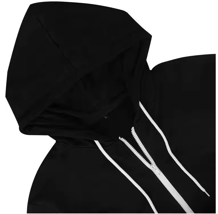 Black Hoodies White Strings Zip Up Hoodie Sets 450 GSM Full Zip UP Hoodie